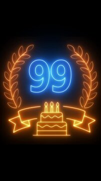 99th Anniversary Celebration. neon 99 Years Anniversary Animation in laurel wreath Color on the Transparent Background, Alpha Channel. Great for greetings, celebrations, events, and gifts birthday 4k.
