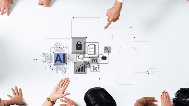 Hands Pointing at Digital Interface with AI Icons and Security Symbols, Representing Technology, Innovation, and Future in Business and Data Management Gluon.