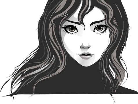 Beautiful anime woman portrait with long wavy dark hair vector illustration