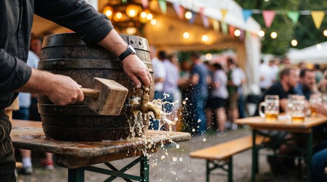 Man tapping a beer barrel at Oktoberfest celebration outdoors  