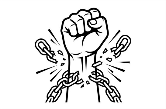 Black silhouette vector graphic of a human fist breaking free from heavy metal chains representing freedom with broken chains break free power sign strength icon