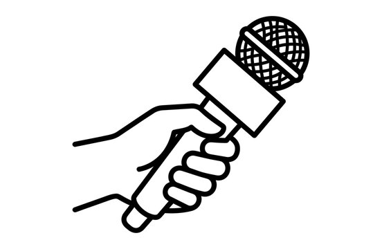 Black outline vector icon of a hand holding a microphone for interviews and reporting with interview mic journalist tool news reporter podcast equipment audio recording