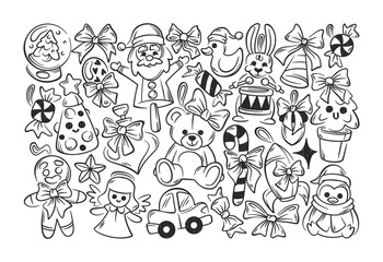 Fototapeta premium Christmas Toys Doodle Set Line Art