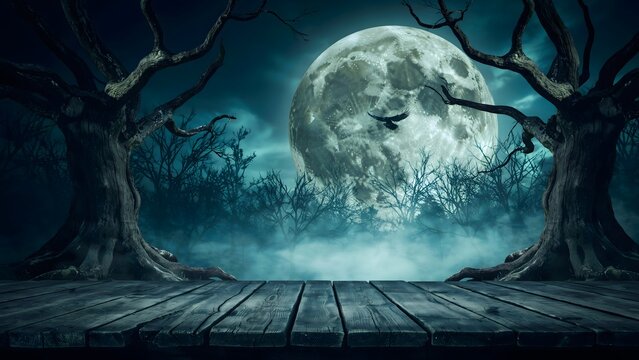 Full moon rising over dark haunted forest with eerie blue mist and twisted trees at night