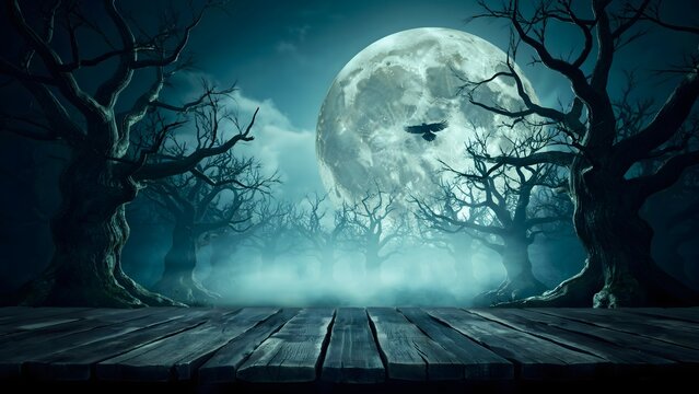 Spooky Halloween Night Scene with Full Moon and Dark Trees
