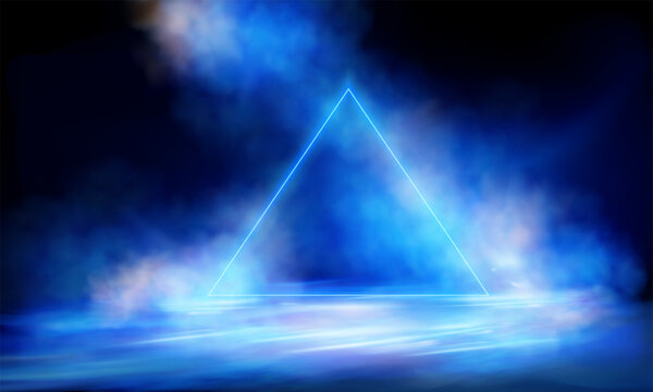 Futuristic sci-fi stage with glowing blue neon triangle frame and mysterious smoky mist on dark background vector illustration