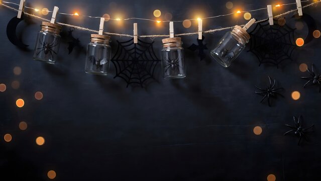 Halloween party background with hanging glass jars and spider webs on dark textured wall.