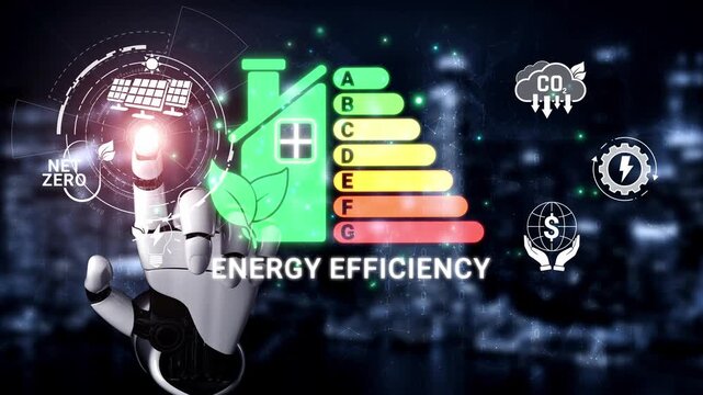 Energy Efficiency Concept with Robotic Hand, Graphical House Icon, and Sustainability Icons Representing Renewable Energy and Eco-Friendly Solutions Sigmoid