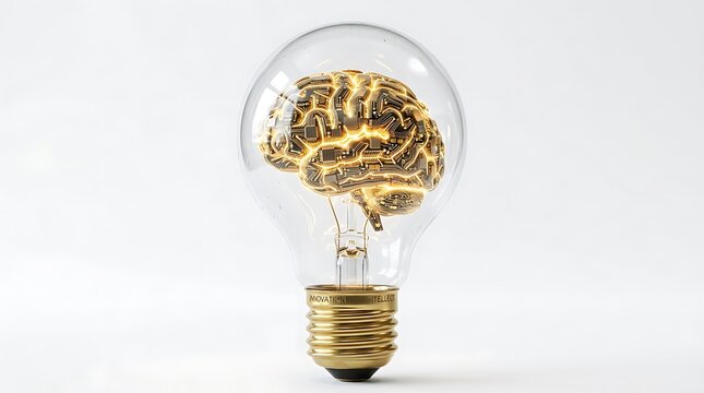 Light bulb with brain isolated on white background