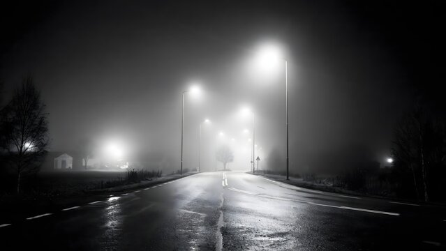 Empty asphalt road at night with glowing street lights and thick fog in black and white