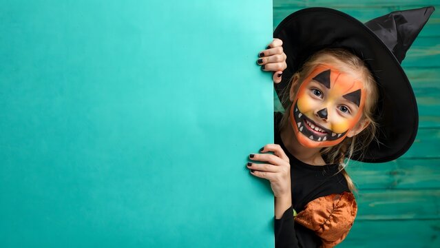Child in witch costume with face paint smiling at Halloween pool party celebration