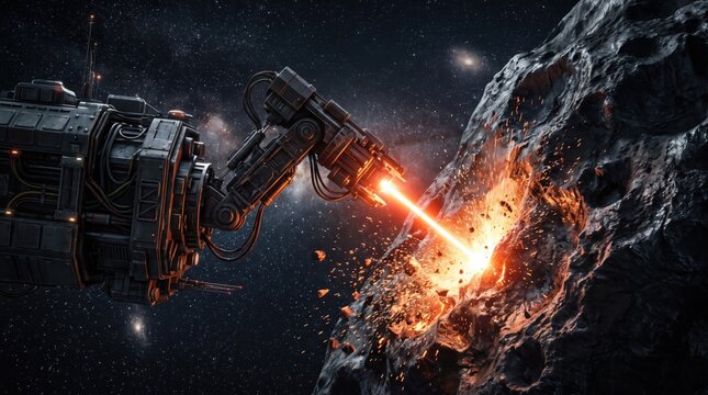 A futuristic robotic arm uses a bright laser to mine a dark asteroid in deep outer space.