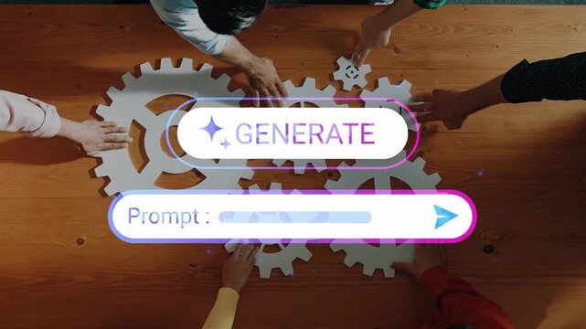 Diverse team collaboration brainstorming workshop assembling large gears with generating ideas and prompts on a digital device in modern office space Gluon.