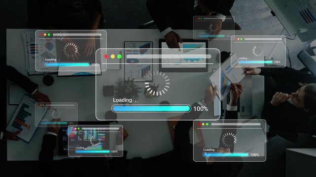 Team Collaboration and Data Analysis Concept with Digital Loading Progress Indicators Over Office Meeting Table in Modern Workspace Setting Gluon.