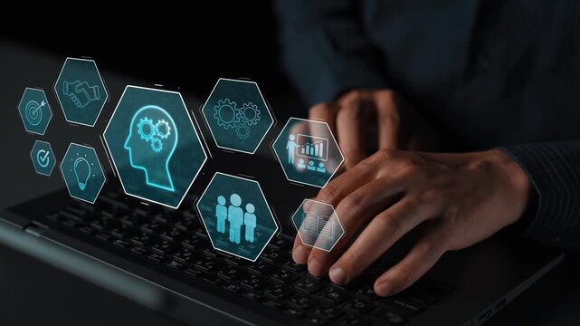 Head with gear and icons representing learning, digital training, and development process, showing skill growth for human or AI systems through knowledge or task optimization Marrow