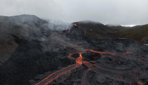 Aerial view, erupting volcano, crater with erupting lava and lava flow, Fagradalsfjall, Reykjanes Peninsula, Iceland