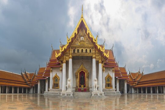 Abandoning thunderstorm over the marble temple, made of Carrara marble, Wat Benchamabopit, back of the Ubosot, Buddhist temple in the Dusit district, Bangkok, Central Thailand, Thailand