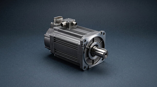 Industrial servo motor with electrical connector on dark background