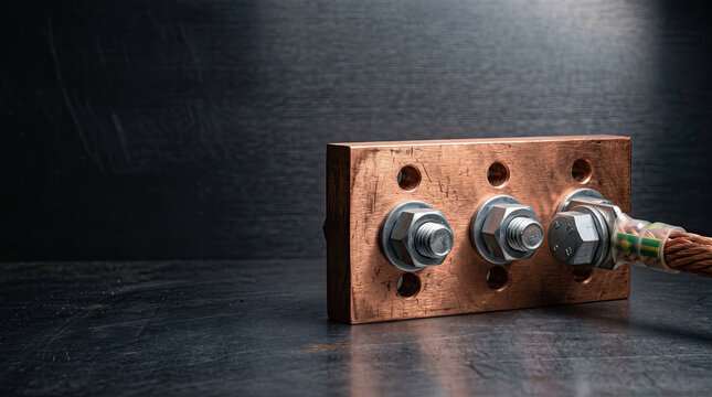 Copper busbar with bolts and grounding cable on dark background