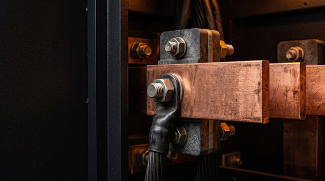 Close up of heavy copper busbars connected with bolts in switchgear cabinet