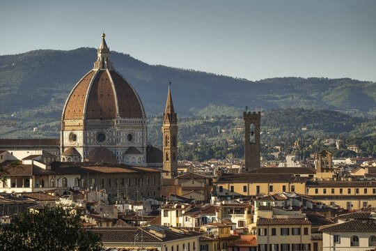 Cathedral dome, tower of Palazzo Vecchio, view over the rooftops, old town, warm evening light, Florence, Tuscany, Italy