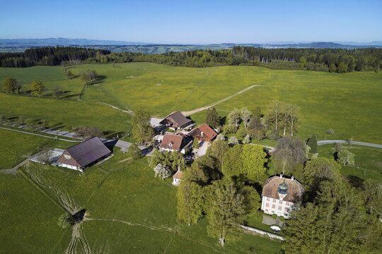 Horben viewpoint with castle and restaurant, Beinwil, Freiamt, Canton of Aargau, Switzerland