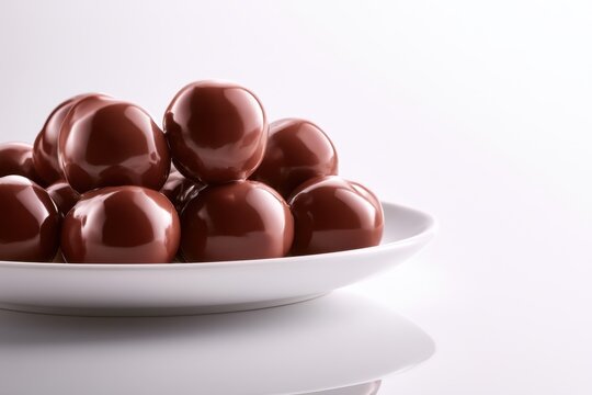 A white plate piled with smooth, glossy chocolate truffles reflecting soft studio lighting on a clean white surface and background for a minimalist sweet treat