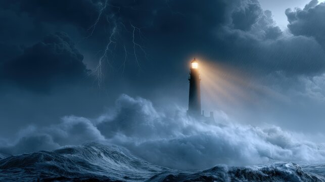 A towering lighthouse beams strong rays of light through a fierce storm with towering waves and dark ominous clouds illuminated by lightning in a turbulent seas