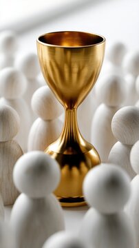 Golden trophy standing prominently among wooden human figures symbolizing achievement, leadership, and success in a competitive environment