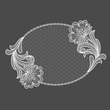 Lace decoration element.White lace flowers frame tamplate..Vector handmade white lace branches with flowers.