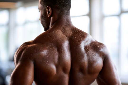 Muscular man with glistening skin showing defined back muscles and broad shoulders in a bright indoor gym setting