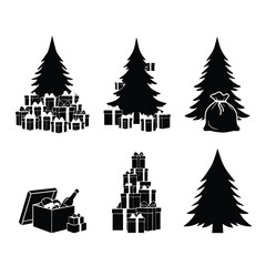 Obraz premium Christmas tree and gift box set featuring black silhouettes of pine trees, wrapped presents, gift boxes, and festive holiday decorations isolated on white background