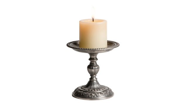 Ornate silver candlestick holding a lit cream candle, isolated on transparent background