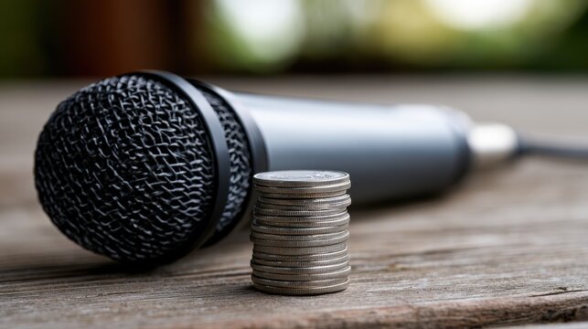 A stack of silver coins placed on a wooden surface with a microphone lying behind it symbolizing the value of voice or earnings in the entertainment industry