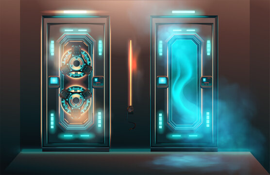 Futuristic sci-fi laboratory doors with blue neon glowing lights and smoke vector illustration