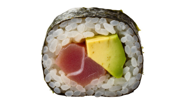 Fresh tuna and avocado sushi roll with nori and rice, isolated on transparent background