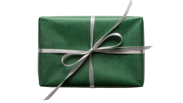 Rectangular green gift box with silver ribbon bow, isolated on transparent background