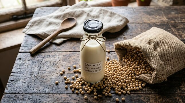 Soy milk in bottle with soybeans on wooden table