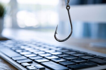 Naklejka premium Concept of cybercrime and online fraud with a metal fishhook hovering above a computer keyboard symbolizing digital phishing attacks and scams