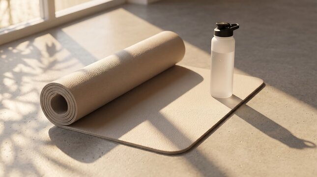 Minimalist fitness mat and water bottle in warm sunlight, serene workout lifestyle setup, calm wellness inspiration, healthy exercise preparation, peaceful home training environment