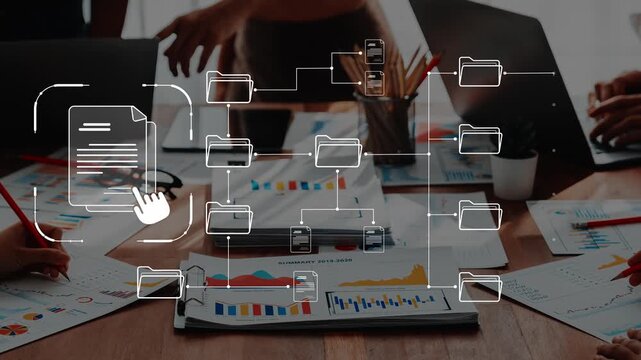 A modern workspace showcasing collaborative efforts with various documents, charts, and digital elements, highlighting effective project management and communication in business settings. Raster
