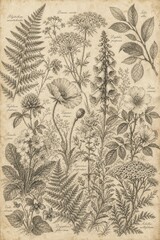 Vintage botanical illustration of various wildflowers and ferns on aged paper © hngrapx