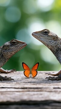 Two textured lizards face each other on a wooden surface with a vibrant orange butterfly perched between them and a green blurred background