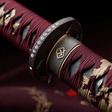 Closeup of katana hilt and tsuba with woven detail