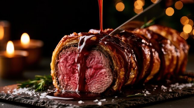 Premium commercial food photography of traditional luxury Christmas Beef Wellington being sliced with a sharp knife and rich red wine jus gravy flow