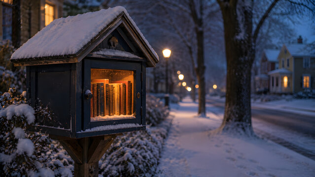 Cozy winter night scene with illuminated wooden newsstand or book kiosk covered in snow and soft street lighting