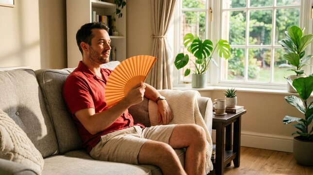 Man sitting on light gray sofa fanning himself with folded orange paper hand fan in warm sunlight streaming through window in cozy living room with houseplants and coffee