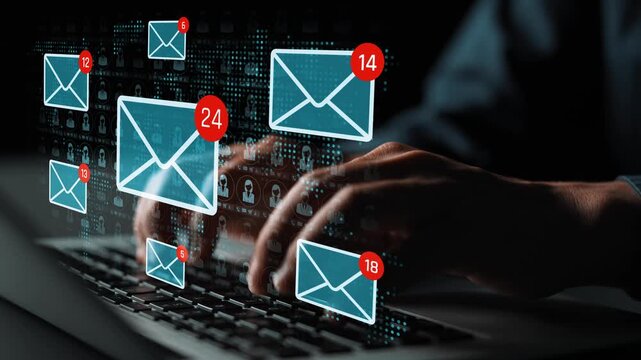 Concept of digital communication and email notifications with hands typing on laptop surrounded by animated email icons indicating unread messages Sigmoid