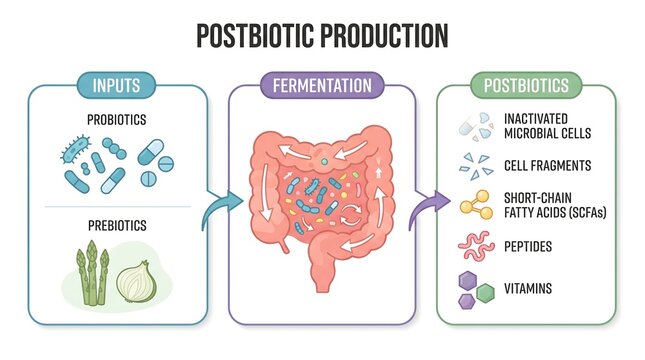 Educational infographic explaining postbiotic production from probiotics and prebiotics through gut fermentation with digestive system probiotics prebiotics microbiome