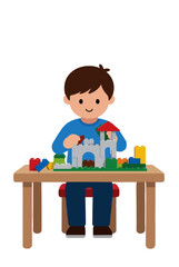 Naklejka premium Cute vector illustration of a young boy with brown hair sitting at a wooden table, smiling while playing and building a colorful toy block castle with red roof and turrets, childhood creativity and